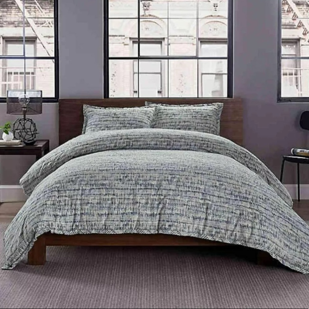 Keeco Garment Washed Duvet Cover Set - Ladder Print - Blue - TWIN / TWIN XL NEW